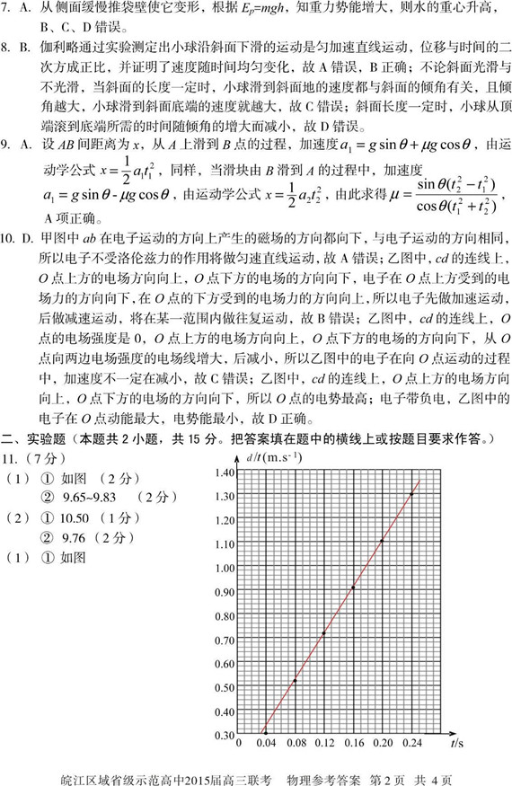 皖江区域省级示范高中2015届高三联考物理试题答案