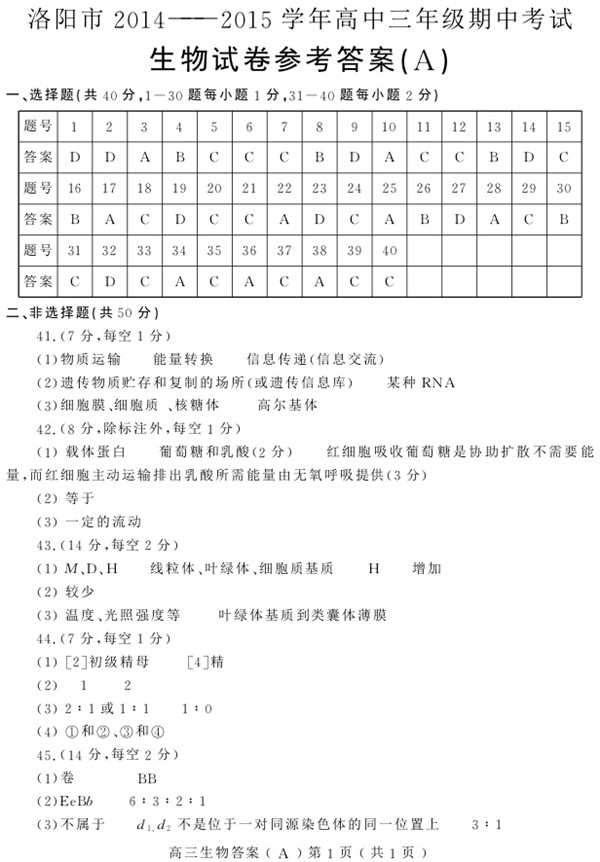 2014-2015学年洛阳市高三年期中考理综试题答案