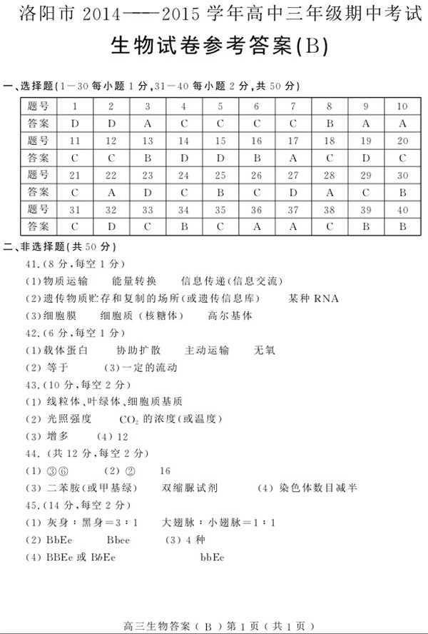 2014-2015学年洛阳市高三年期中考理综试题答案