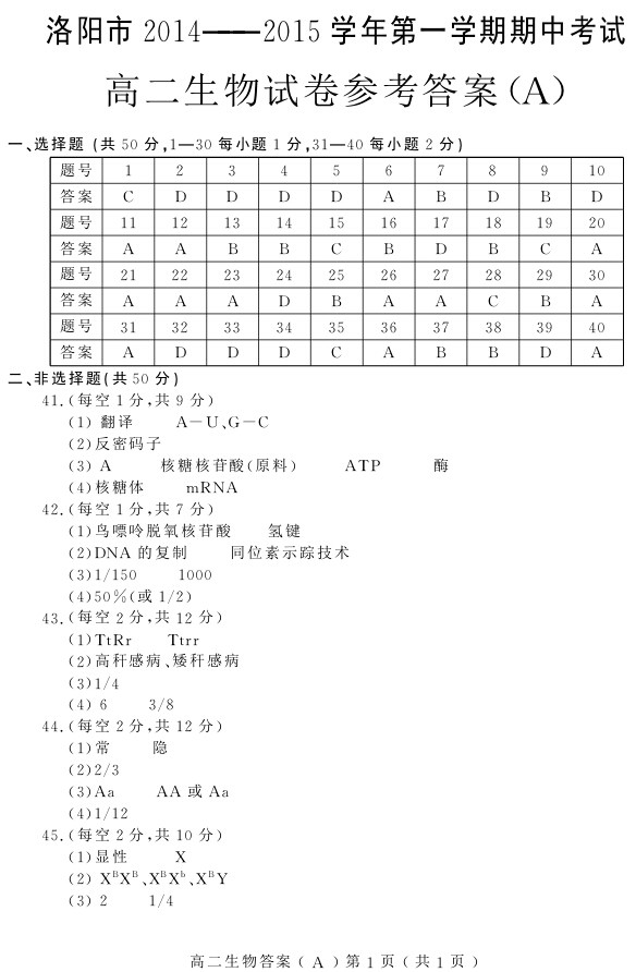 洛阳市2014-2015学年第一学期期中考试高二生物试卷参考答案（A）